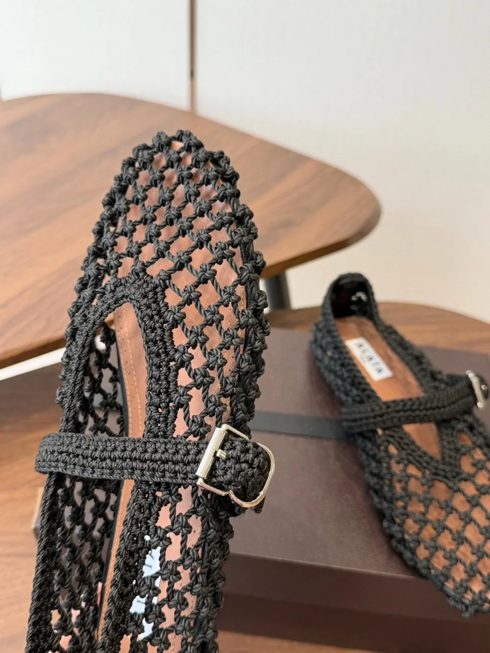 Alaia Black Crochet Mary Jane Flats with Buckle Strap